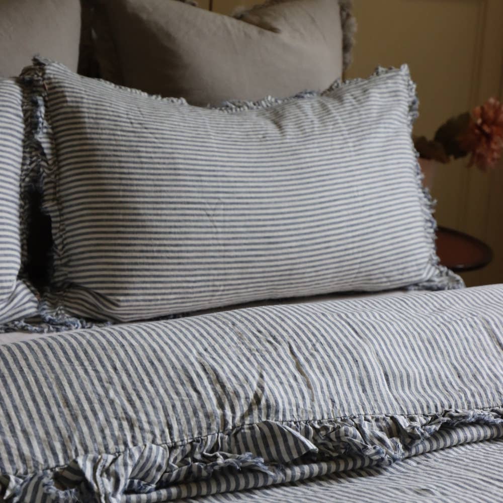 Luxury Navy Stripe Ruffle Linen Bedding Set: Super King Set