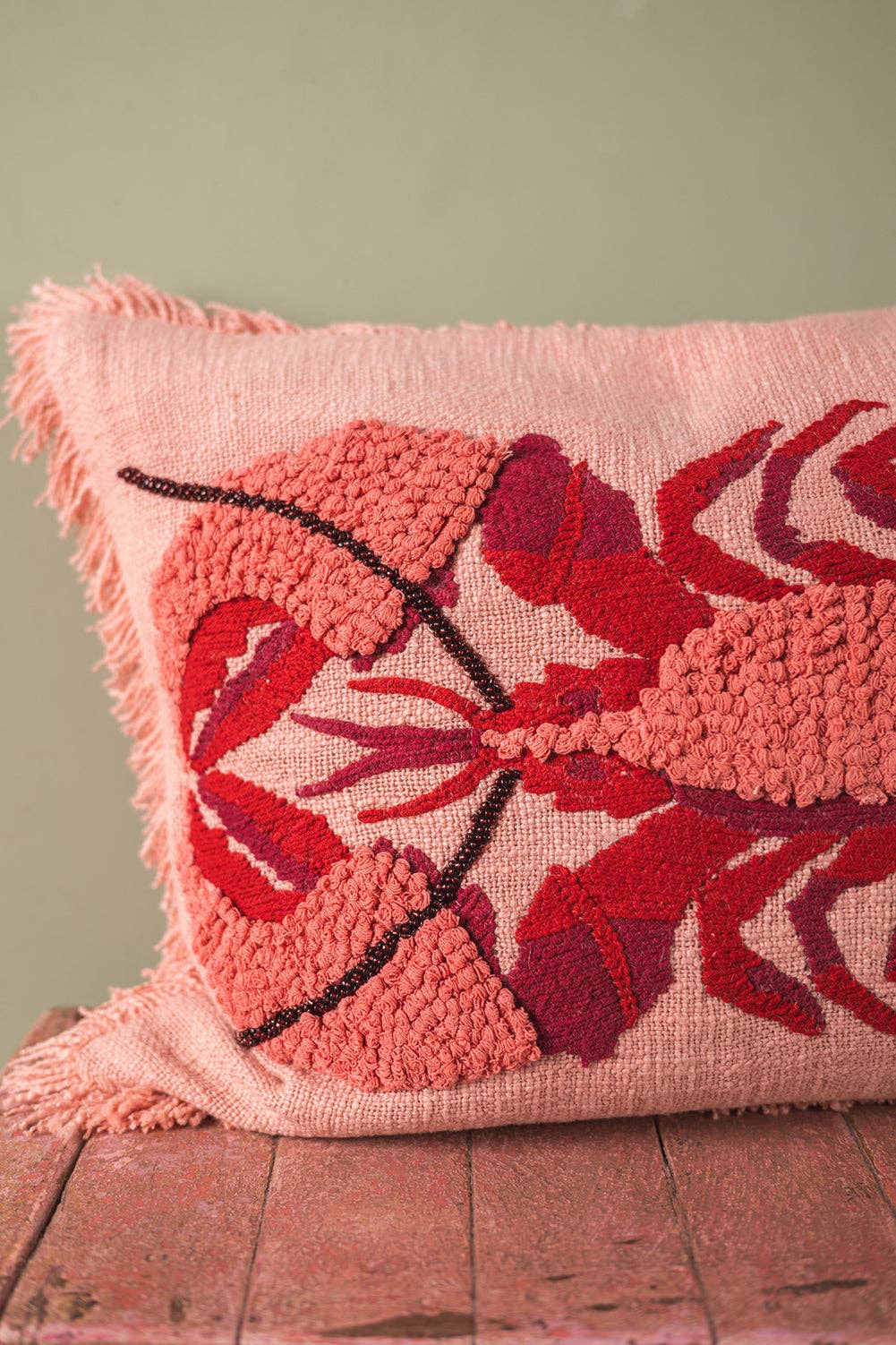 Lobster Embroidered & Tufted Pink Cushion Cover: Feather Inner
