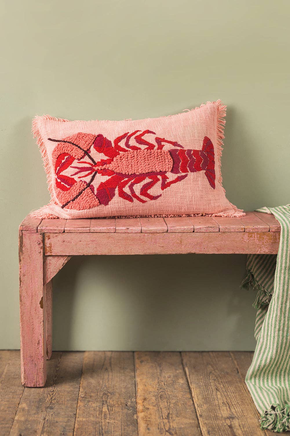 Lobster Embroidered & Tufted Pink Cushion Cover: Feather Inner