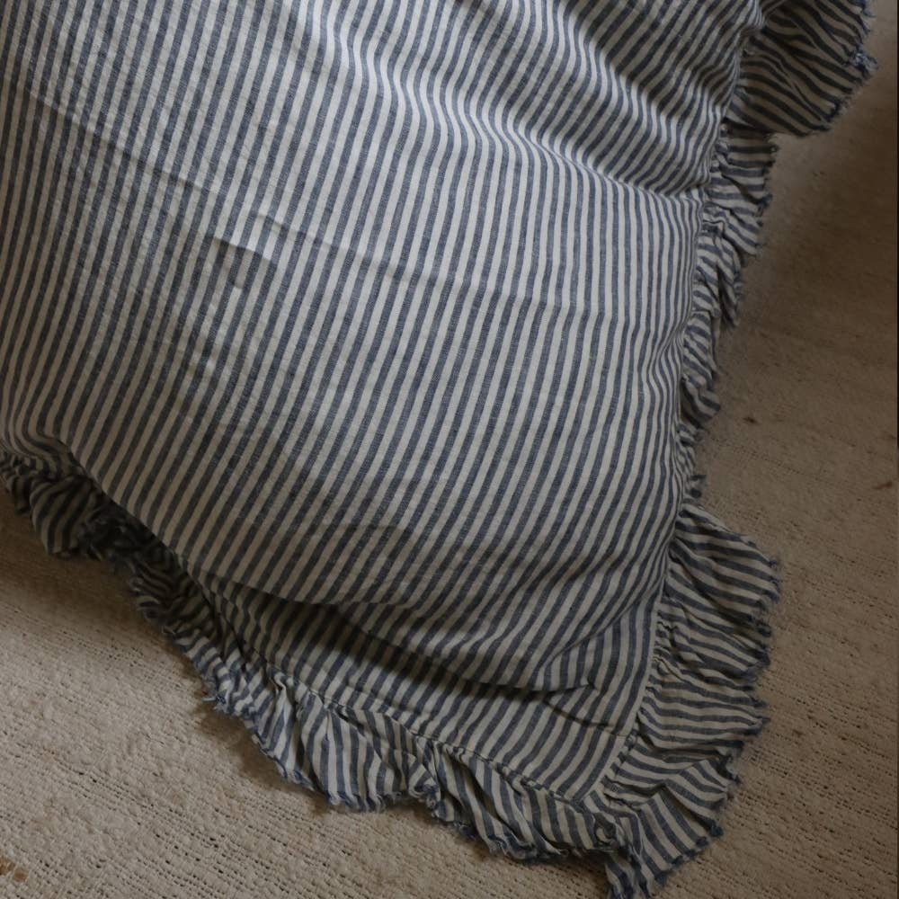 Luxury Navy Stripe Ruffle Linen Bedding Set: Super King Set