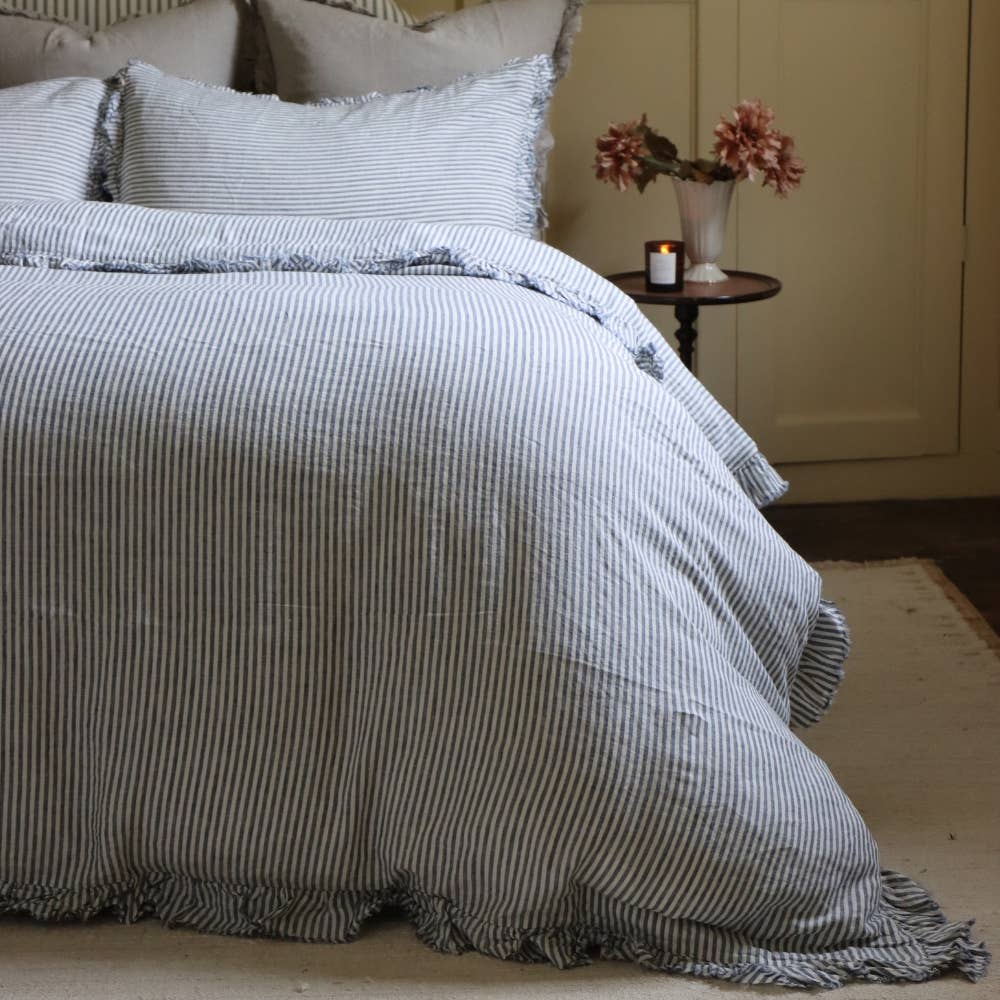 Luxury Navy Stripe Ruffle Linen Bedding Set: Super King Set